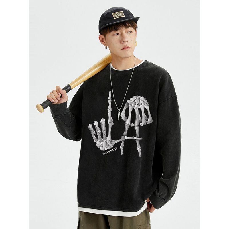 Wassup Heods National Trend Retro Washed Long-Sleeved T-Shirt for Men, Versatile Loose Oversize T-Shirt for Spring and Autumn