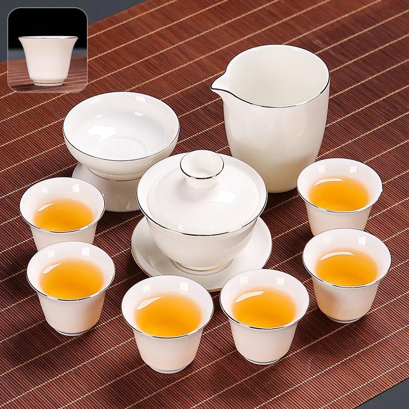Suet Jade Kung Fu Tea Set Home Living Room Office Light Luxury Tea High-end Gift Box Cover Bowl Teacup Complete Set