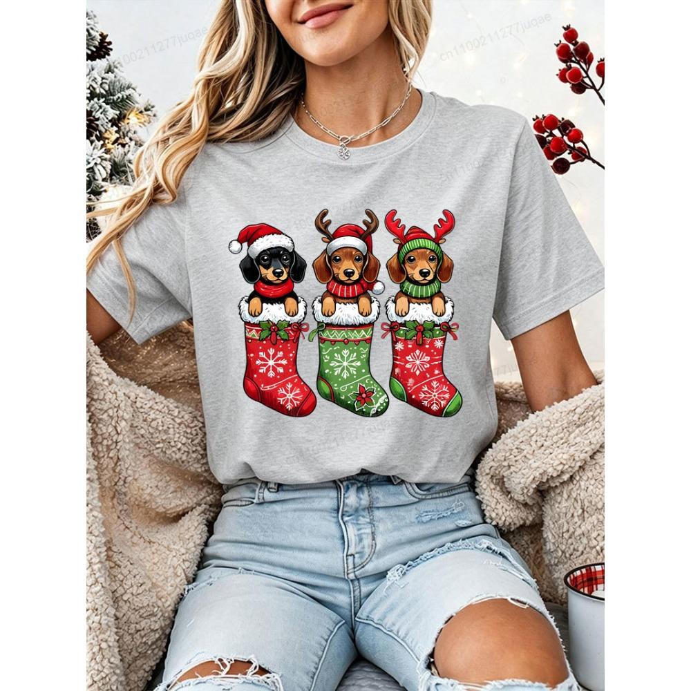 Christmas Dachshund Dog T‑Shirt Women Xmas Stocking Santa Hat Print