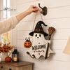 Wooden Halloween Plaque Hanging Door Sign, Cute Ghost Welcome Ornament with Witch Broomstick Sign Hat Pumpkin Lantern Design, Holiday Wall Decor