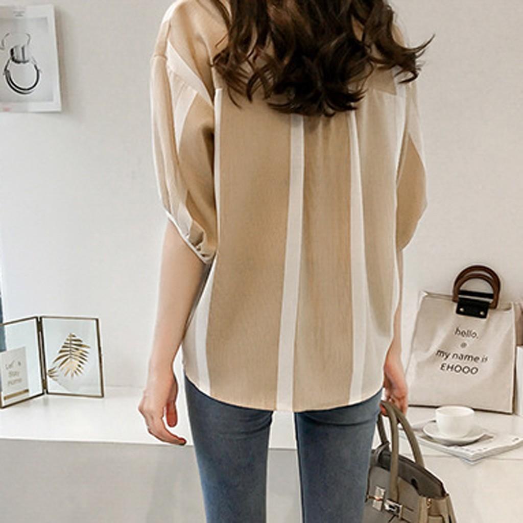 Fashion Womens Casual Half Sleeve Colorblock Striped Shirt Sleeve Top