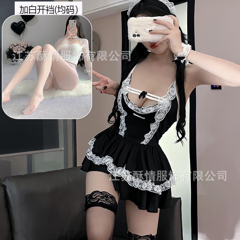 Sexy Lingerie Sexy Deep V Lace Slim Fit Puff Dress Maid Maid Uniform Seduction Uniform Set