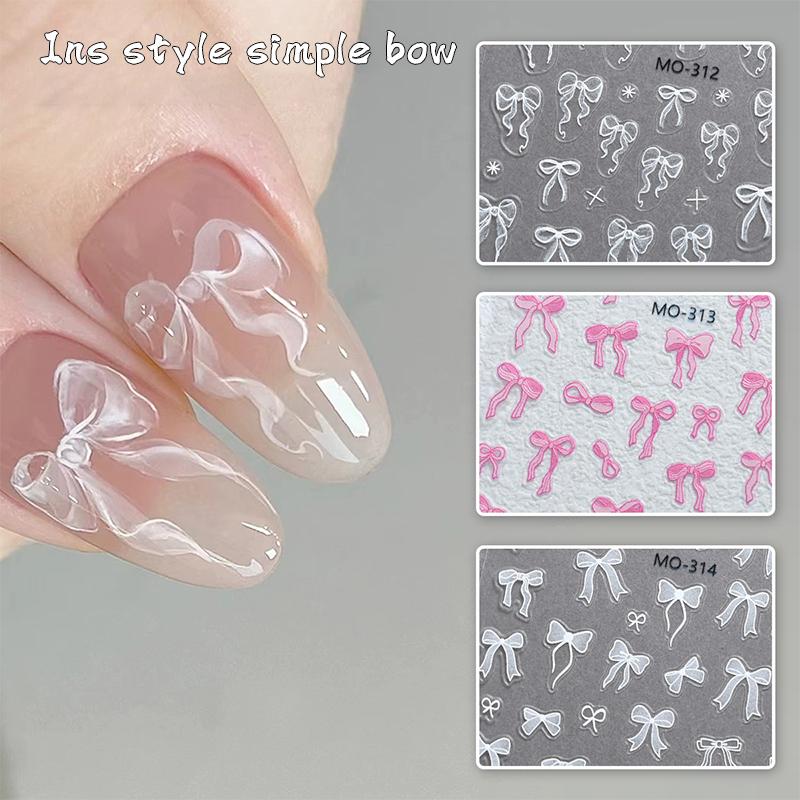 Nail Sticker Ribbon Bow White 3D Thin Diy Nail Art Decals Decoration Pink Bow Pattern Manicure Self Adhesive Nail Decals