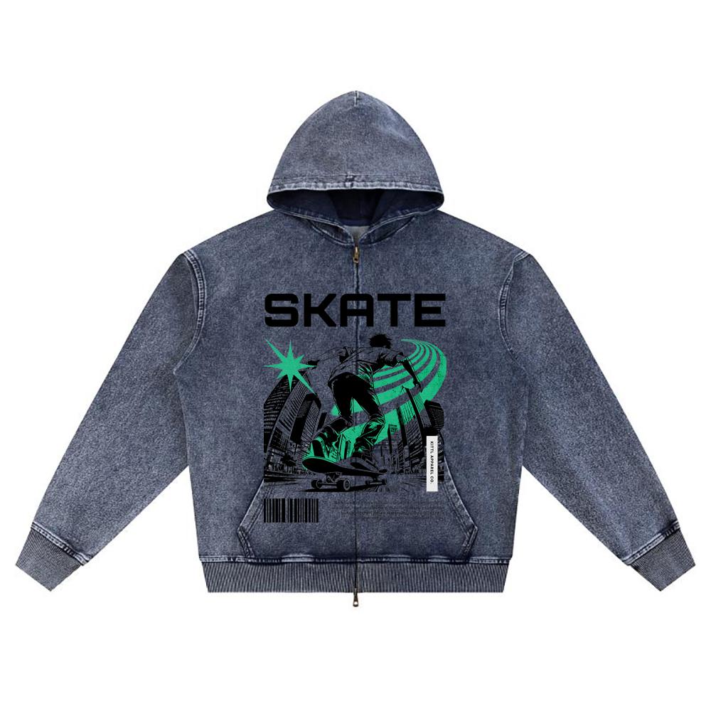 

DTG print Knitted Denim Zip-Up Hoodie Skate Brother Print Zipper Hoodies XL темно-синий