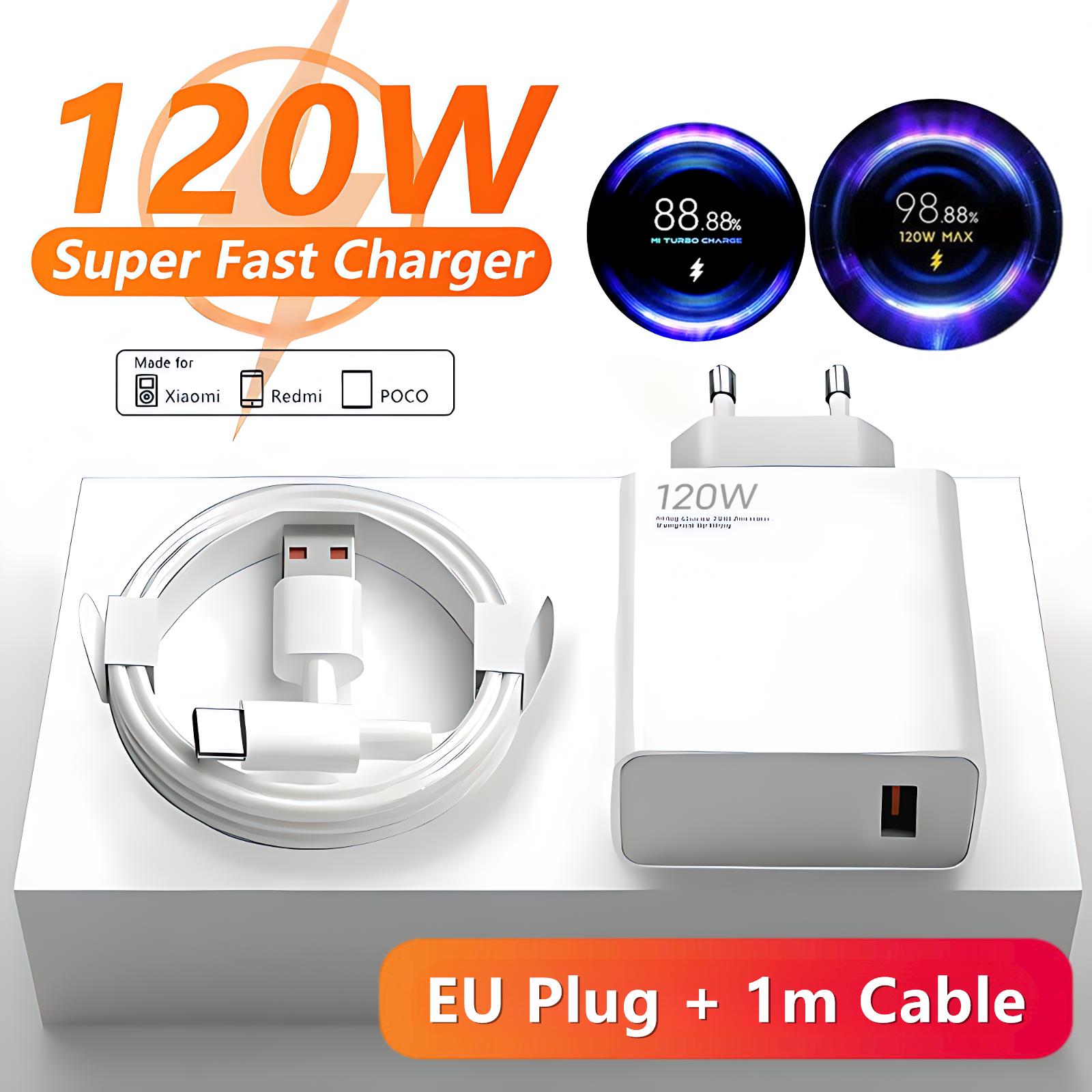 

6A 120W EU быстрое USB-зарядное устройство для Xiaomi 11 12 13 14 Ultra Redmi Note 10 11T 12 13 POCO F5 X5 Pro Type C турбо-кабель для зарядки EU Plug - 1m Cable