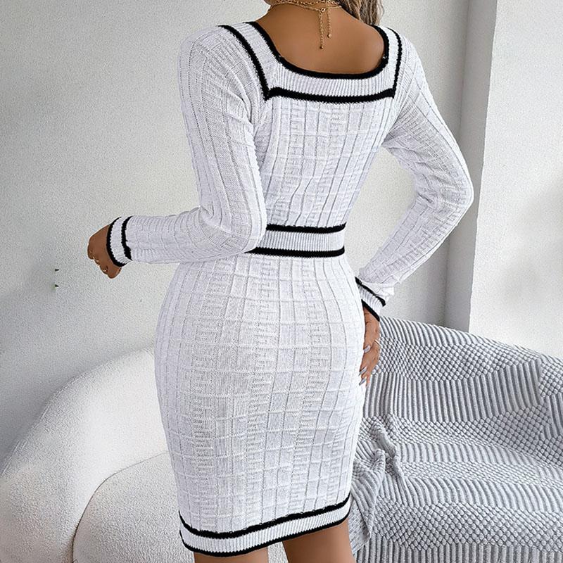 Autumn Winter Women's Square-neck Sweater Dress Mid-length Fitted Bodycon Dress Sexy Knitted Dress