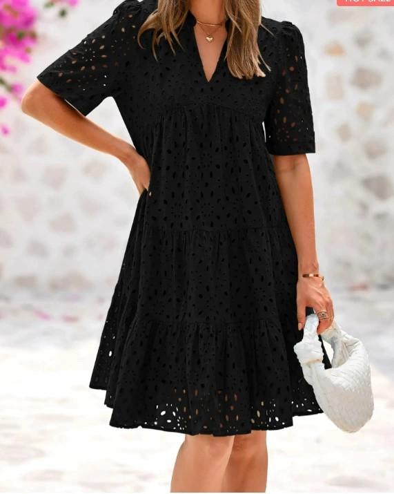 2026 Short Sleeve Women's Beach Vacation Skirt French V-Neck Hollow Lace Dress High-end A-shaped Dress