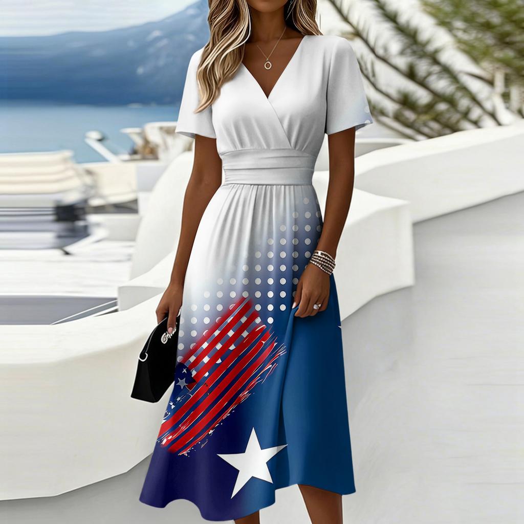 Women's Independence Day Print Casual Fashion Short Sleeve V-Neck Dress