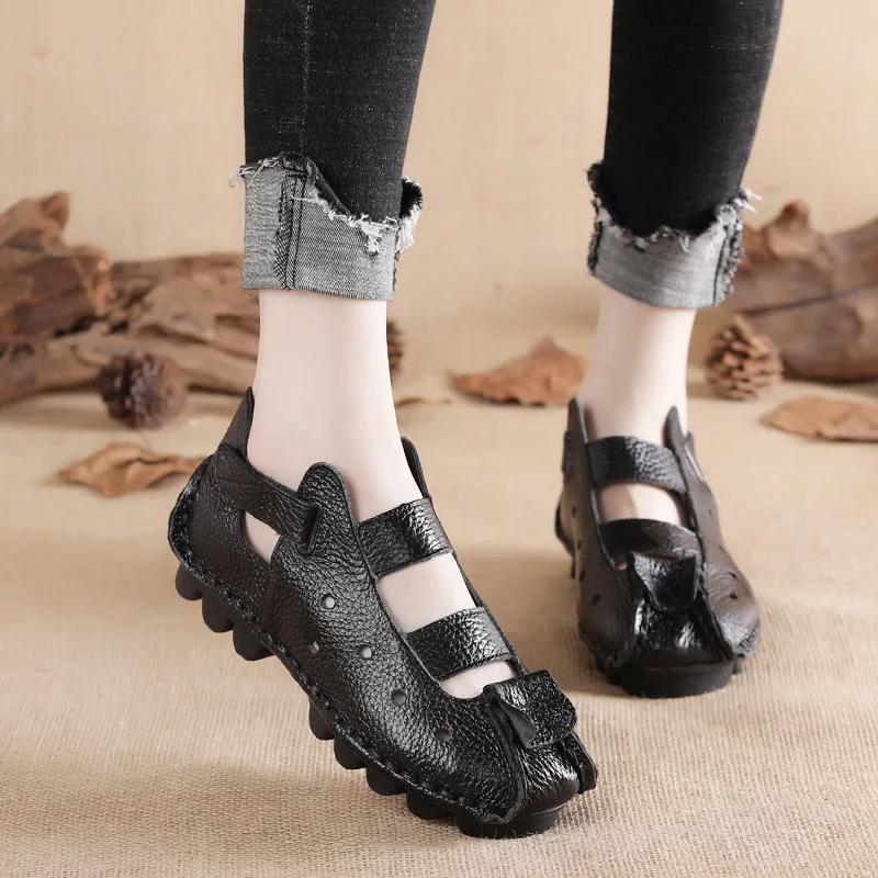 Summer New Soft-soled Flat-soled Leather Women's Shoes Personalized Casual Hole Women's Sandals Retro Handmade Sandals Tide
