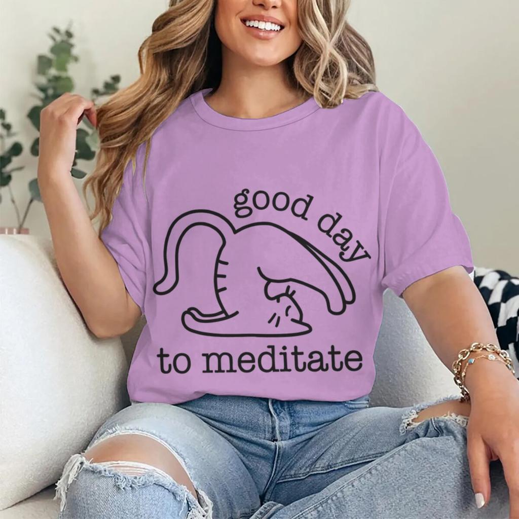 Cute Cat Yoga T Shirts Good Day To Meditate Retro Graphic Tees Women Unisex Short Sleeve Mom Dad Fun Casual Round Neck Tshirts