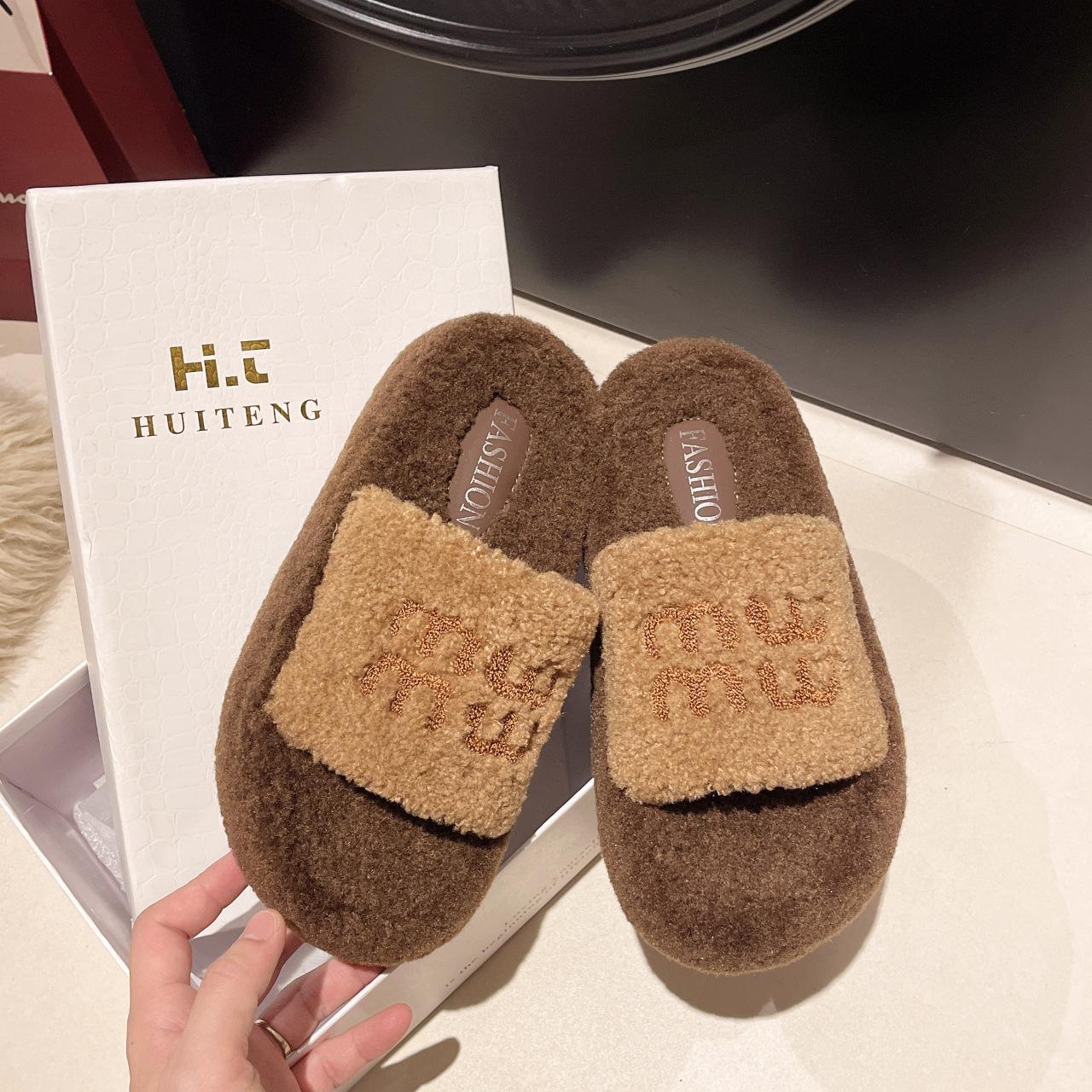 

Cotton mop soft bottom fluffy slippers women s outer wear burgundy autumn and winter velvet red retro lamb wool letter new 40 хаки
