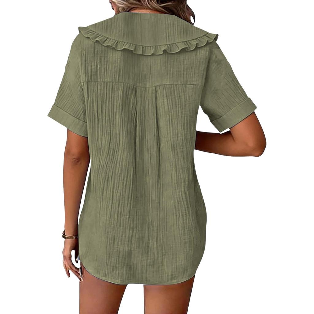 Women Summer Short Sleeve Shirt Dress Style Blouse Ruffle Collar Button Front Closure Casual Loose Fit Textured Top