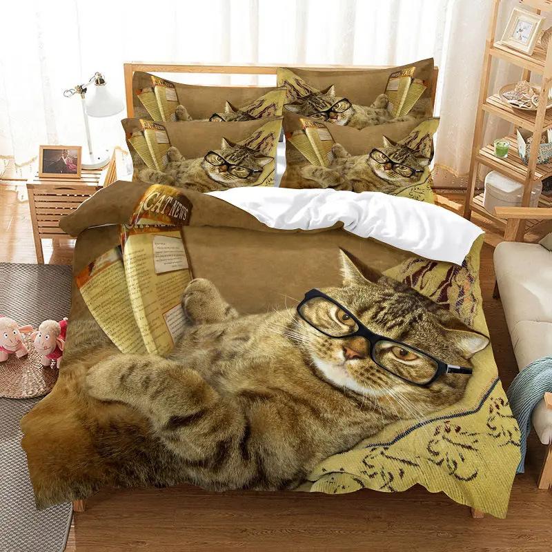 Cute Pet Cat 3D Printing Digital Three-Piece Quilt Cover Sheet Pillowcase Kit