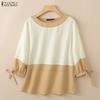 ZANZEA Womens Elegant Colorblock Blouse Casual O Neck 3/4 Sleeve Patchwork Loose Tops