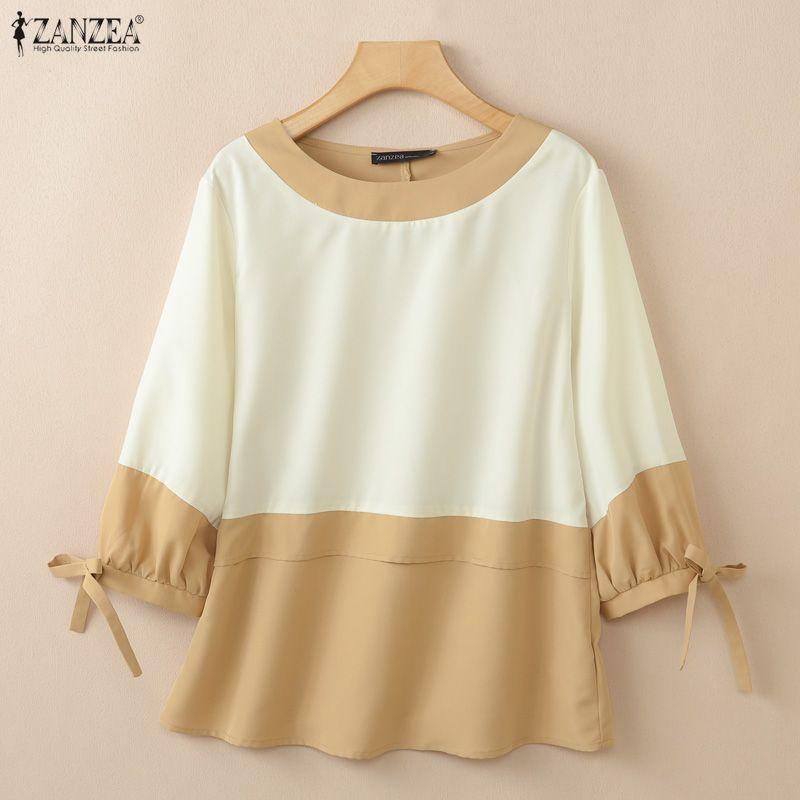 ZANZEA Womens Elegant Colorblock Blouse Casual O Neck 3/4 Sleeve Patchwork Loose Tops