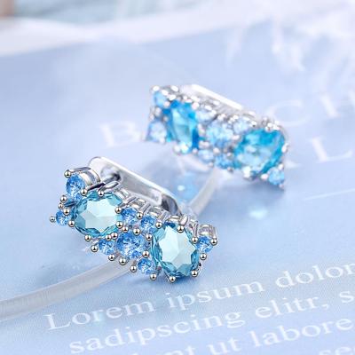Pendientes con clip de circonita azul cielo de corte ovalado redondo de color plata para mujer con geometría, regalo de San Valentín