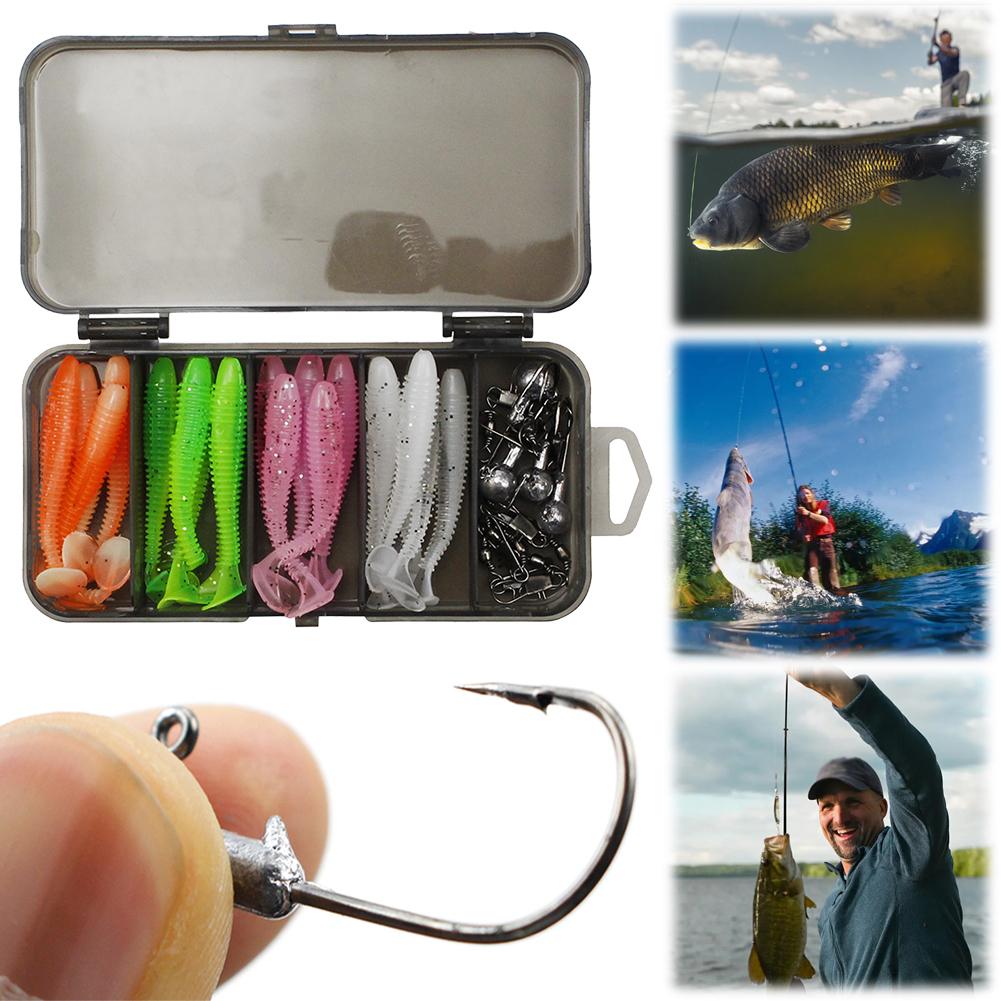 35pcs Soft Fishing Lures Kit T-Tail Swimbait with Jig Head Hook Snap Swivels Artificial Bait for Bass Trout Freshwater Saltwater