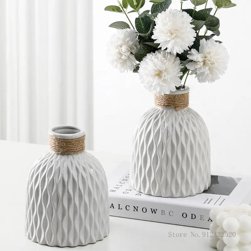 Nordic Ceramic Vase with Hemp Rope – Decorative Bottle for Living Room & Office