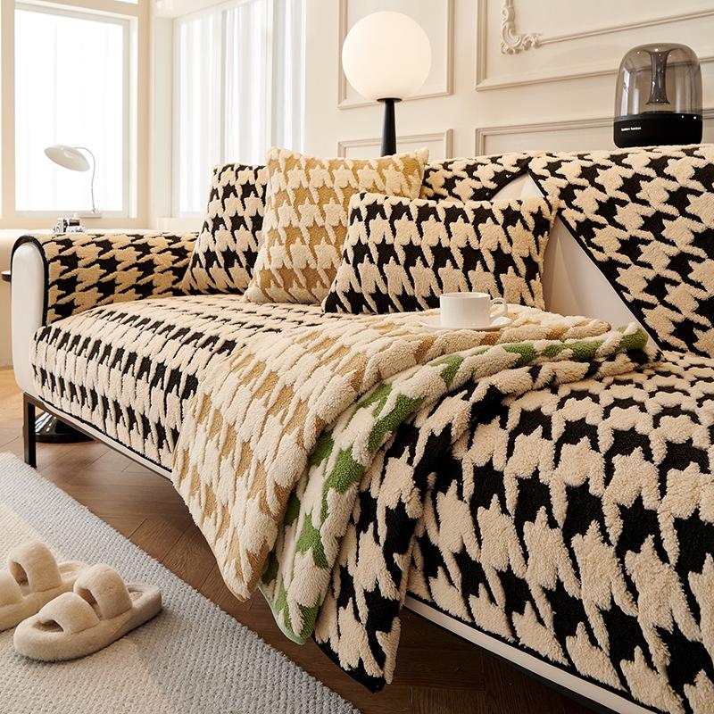 Plush Sofa Cushion  New Thousand Bird Grid Non-Slip Seat Cushion Light Luxury High Sense Three Seats One Princess Sofa Cover