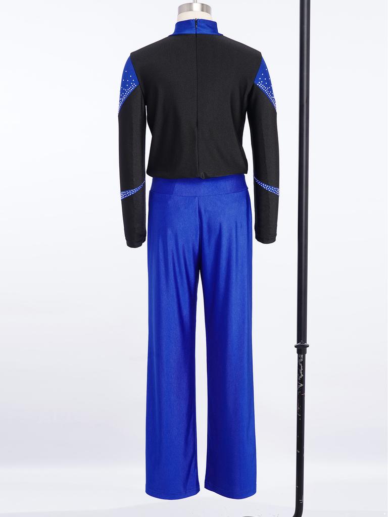 Kids Boys Figure Skating Outfit Mock Neck Long Sleeve Back Invisible Zipper Color Block Shiny Rhinestones Top with Elastic Waistband Pants Competition
