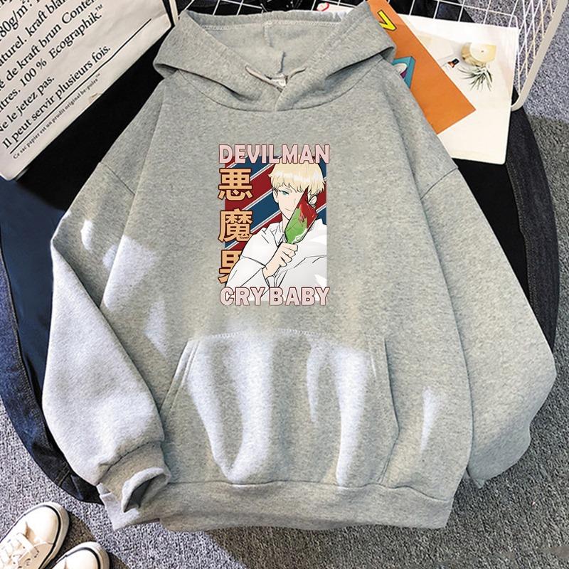 Hot Anime Devilman Crybaby Printed Hooded Men Women Vintage Manga Hoodies Casual Loose Streetwear Harajuku Unisex Sweatshirt