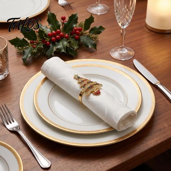 Winter Holiday Tableware Christmas Tree Napkin Ring, Alloy Rhinestone Holder, Home Kitchen Table Accessories Band for Dinner Parties Decoration