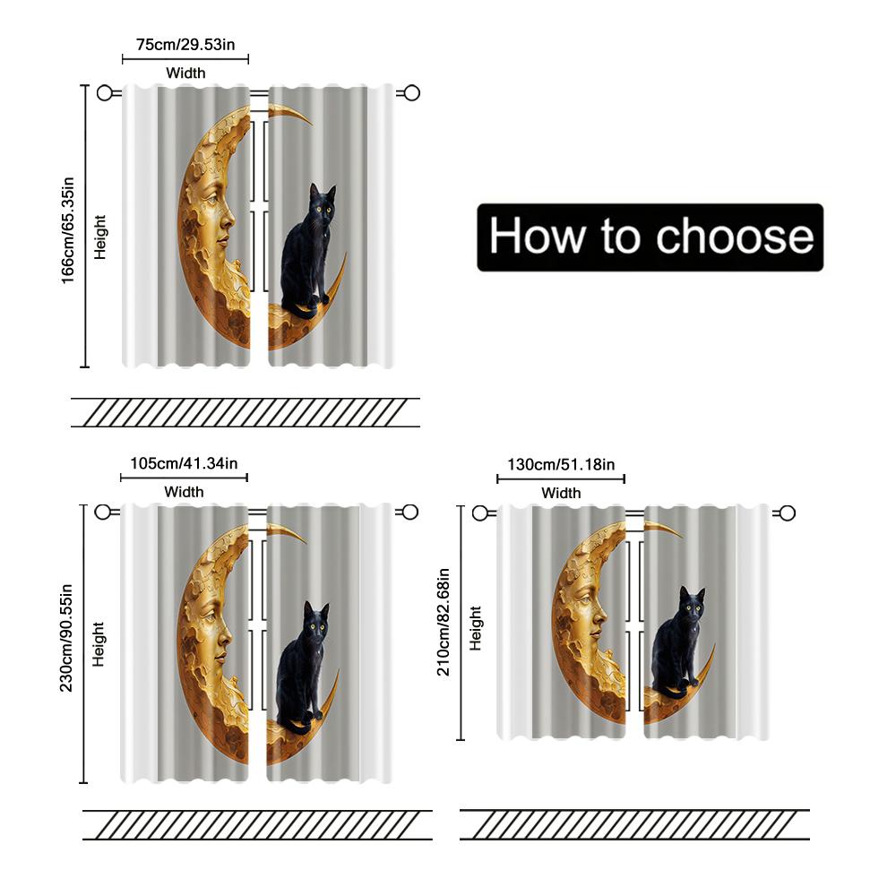 Zestaw 2 zasłon filtrujących bez karniszy, nieprzesuwnych, bez baterii, z motywem Czarnego Kota i Księżyca, do sypialni, zasłona do salonu, poliester, idealna do sypialni