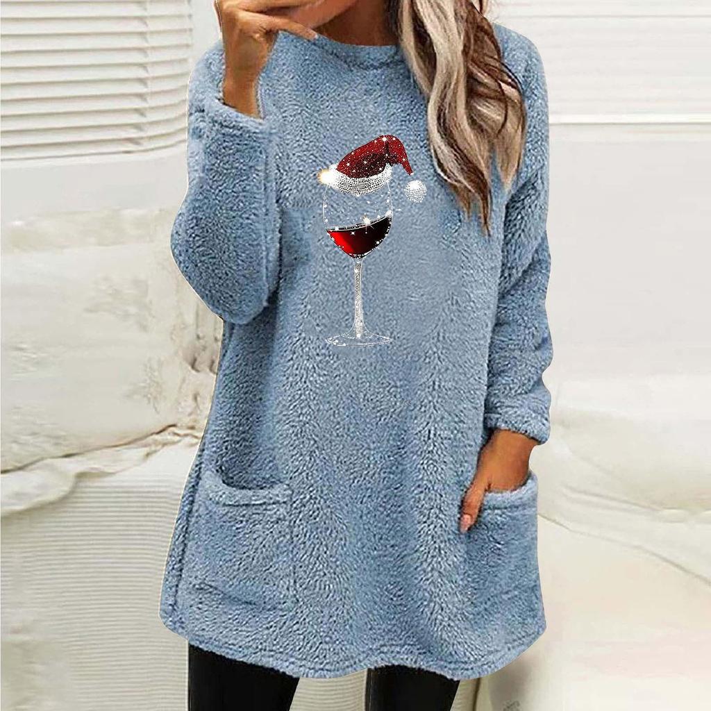 Women's Christmas Wine Glass Print Double-Sided Fleece Long Sleeve Pocket Hoodie