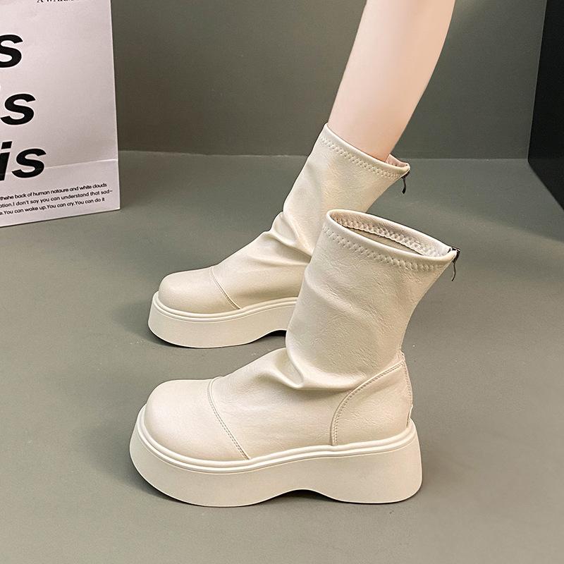 Fashion 2026Chunky Elastic Slim Woman Ankle Boots Fashion Platform Flats Shoes Female Cosy Soft Leather Mordern Short Booties