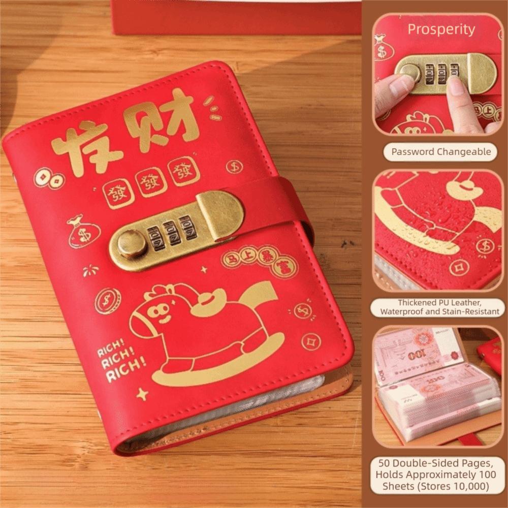 100 Конвертов Челлендж Экономии Денег С Кодовым Замком Новогодний Челлендж Бюджета Лошади Блокнот Водонепроницаемая ПУ Книга для Экономии Бюджета
