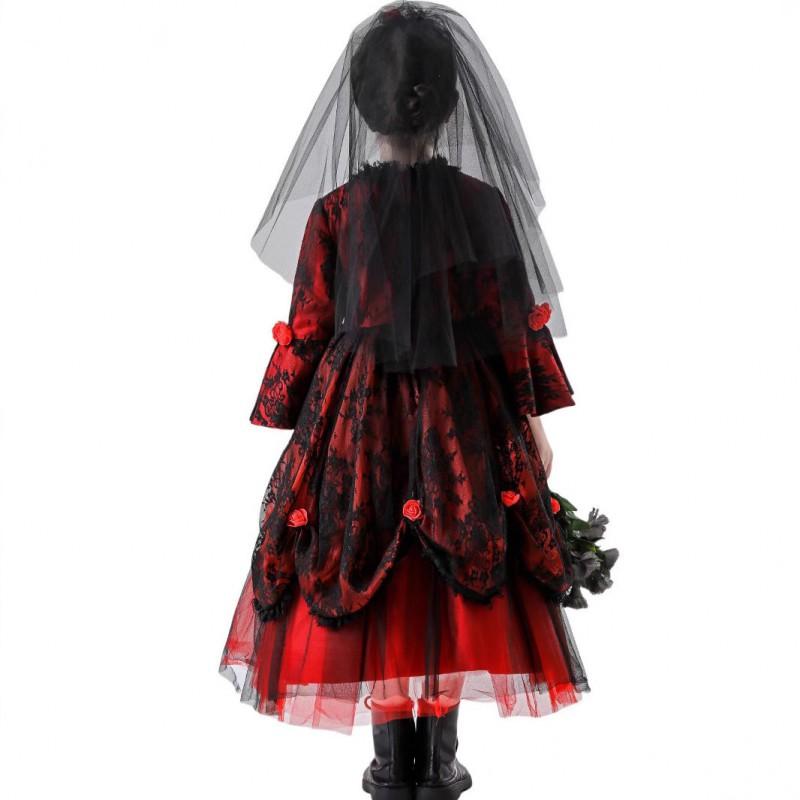 Halloween Vampire Witch Red Bride Princess Dress With Veil Kids Girls Party Costumes