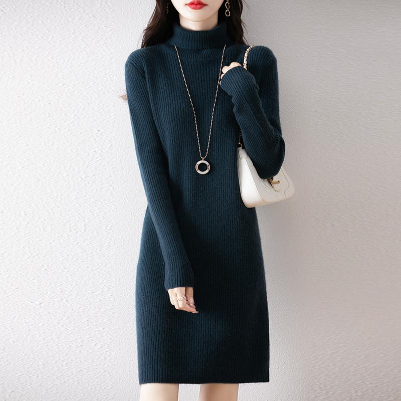Women Sweater Dress 100% Wool MODERN NEW SAGA Turtleneck Knit Long Pullover Winter Jumpers Wool Long Dress Female