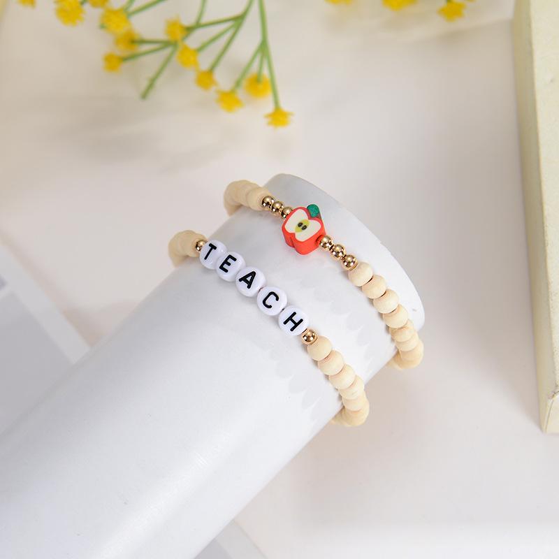Graduation Season Teacher Appreciation Bracelet with Natural Wood Beads and Apple Charm