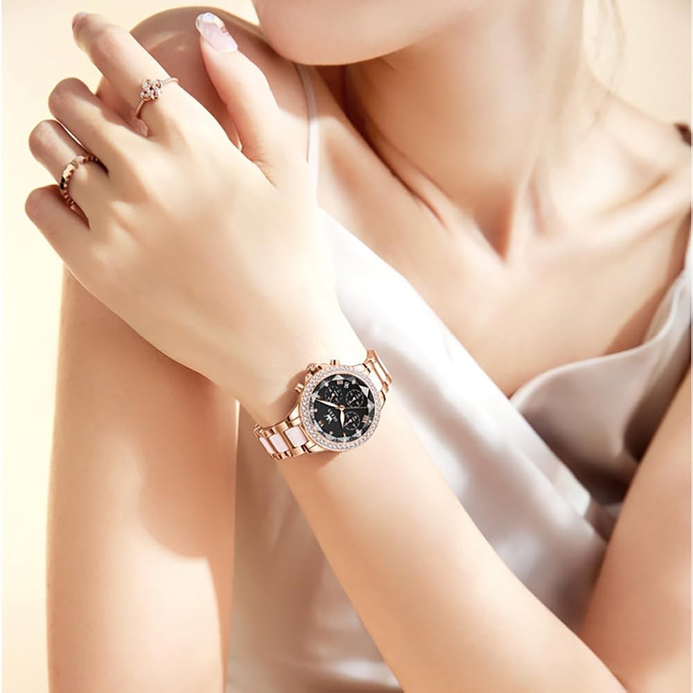 OLEVS Women's Ceramic Quartz Watch Elegant Waterproof Date Display Luminous Black