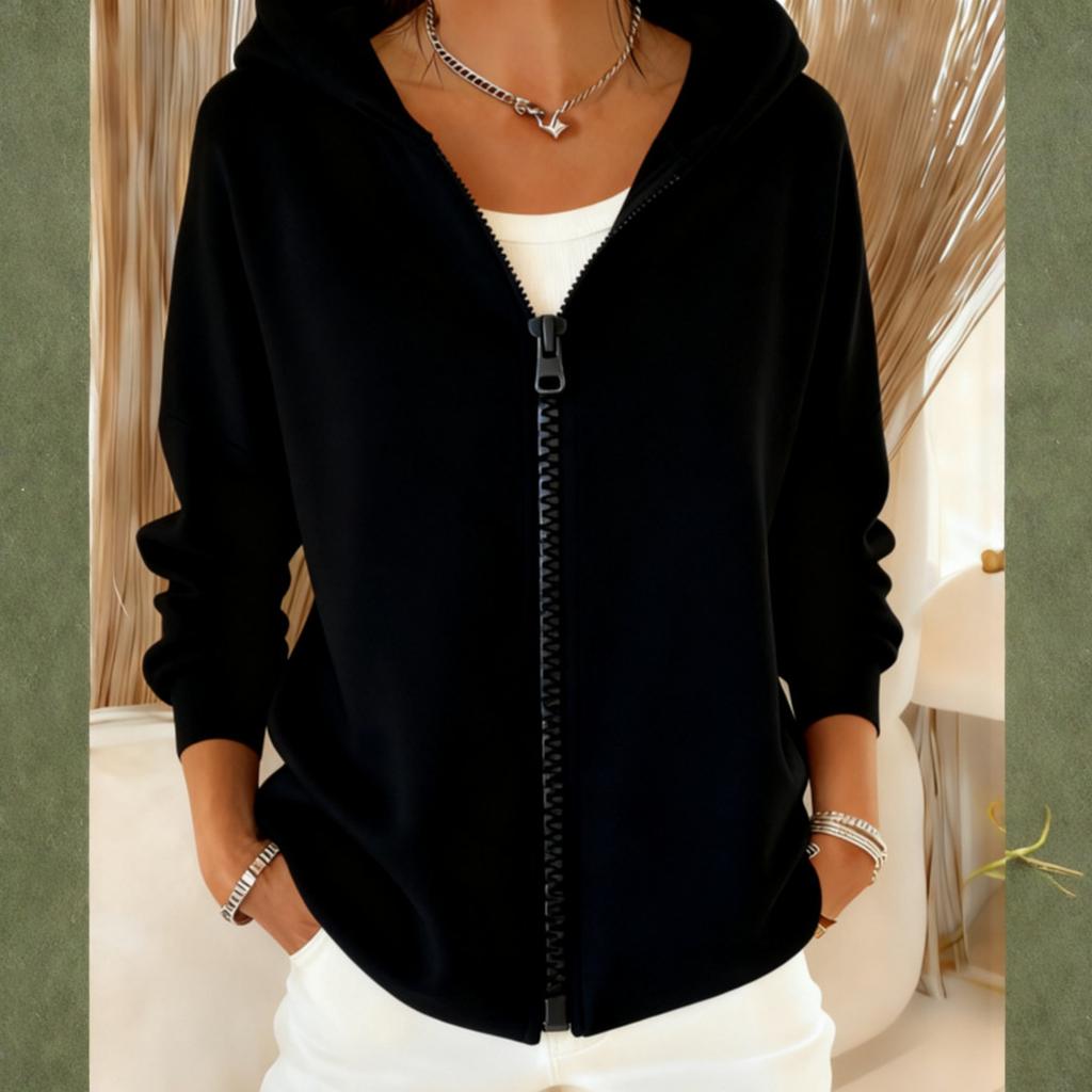 Fashionable Women's Loose Casual Solid Color Hooded Zippered Long Sleeve Jacket
