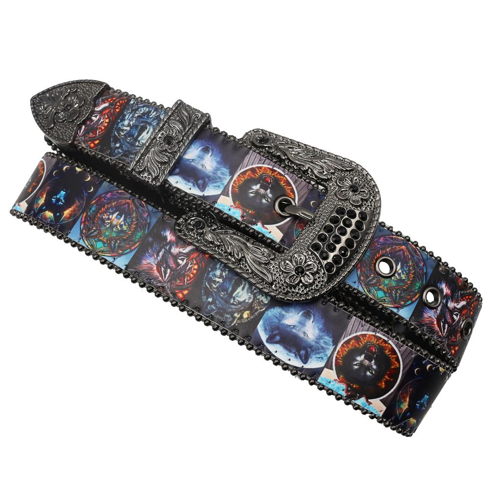 Original Design Animal Rhinestone Print Belt, Hip Hop Punk Personality Full Of Pu Leather Belt