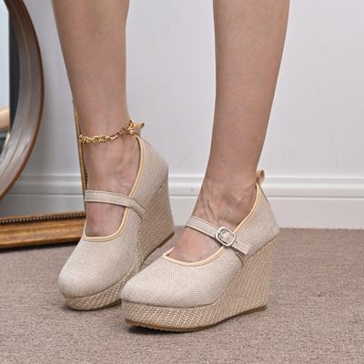 High Heeled Single Shoes Fashion Round Toe Shallow Mouth One Line Slip with Cloth Surface Platform Anti-Slide Heel Shoes
