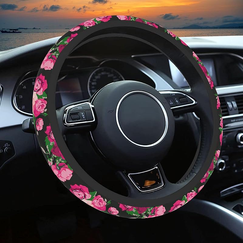 Wildflower Car Steering Wheel Cover, Flower Car Accessory For Diverse Cars, Cute Floral Print Steering Wheel Cover Protector For Women, For Steering
