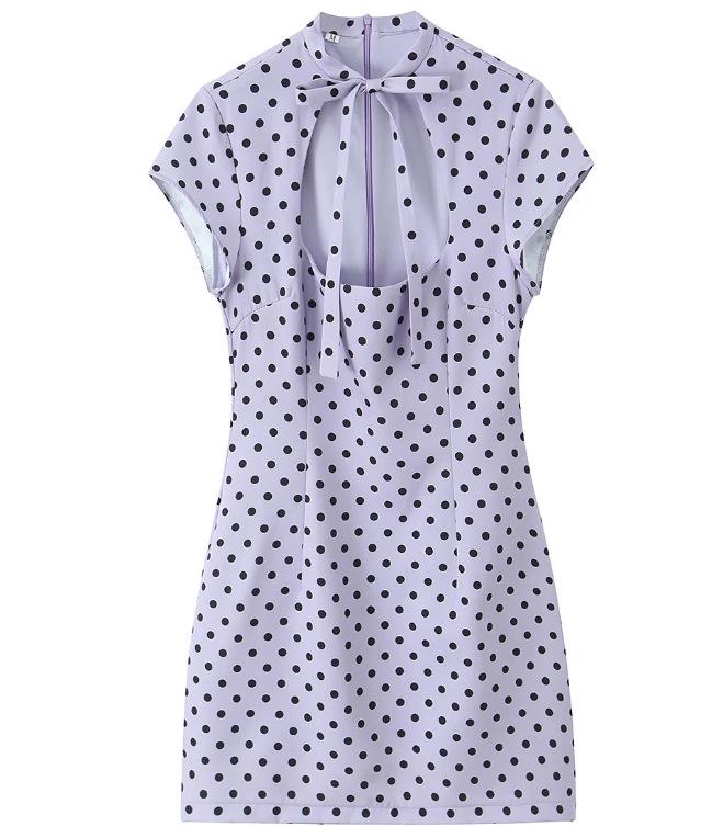 European American Women's Fashion Polka Dot Short Dress with Bow Decoration