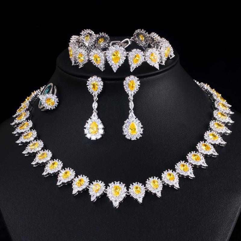 Bridal Wedding Dress Accessories Set Zircon Necklace Earrings Ring Bracelet Four-Piece Set, Women
