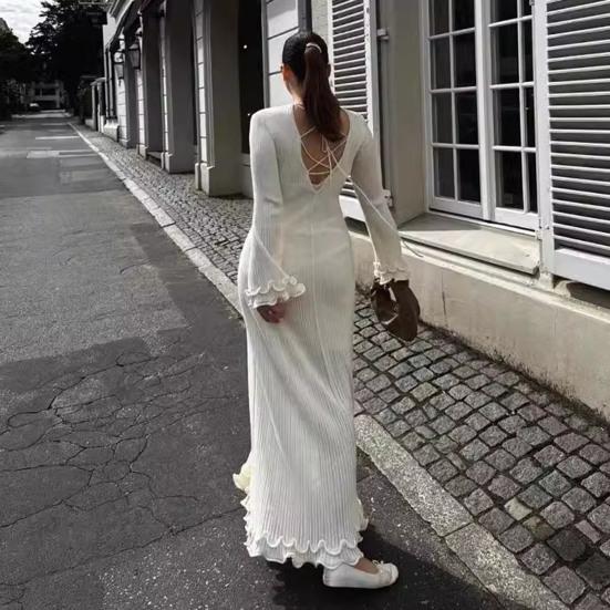 Women Maxi Dress Round Neck Back Lace-up Hollow Back Knitting Dress Solid  Color Ruffle Trim Slim Fit Long Dress  buy the best products in the Ayzeze  online store