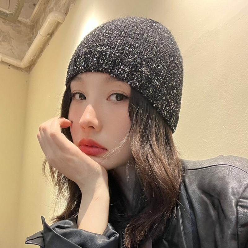 Cool Black Sequins Party Hat Breathable Skull Hat Party Bonnet Knit Hat