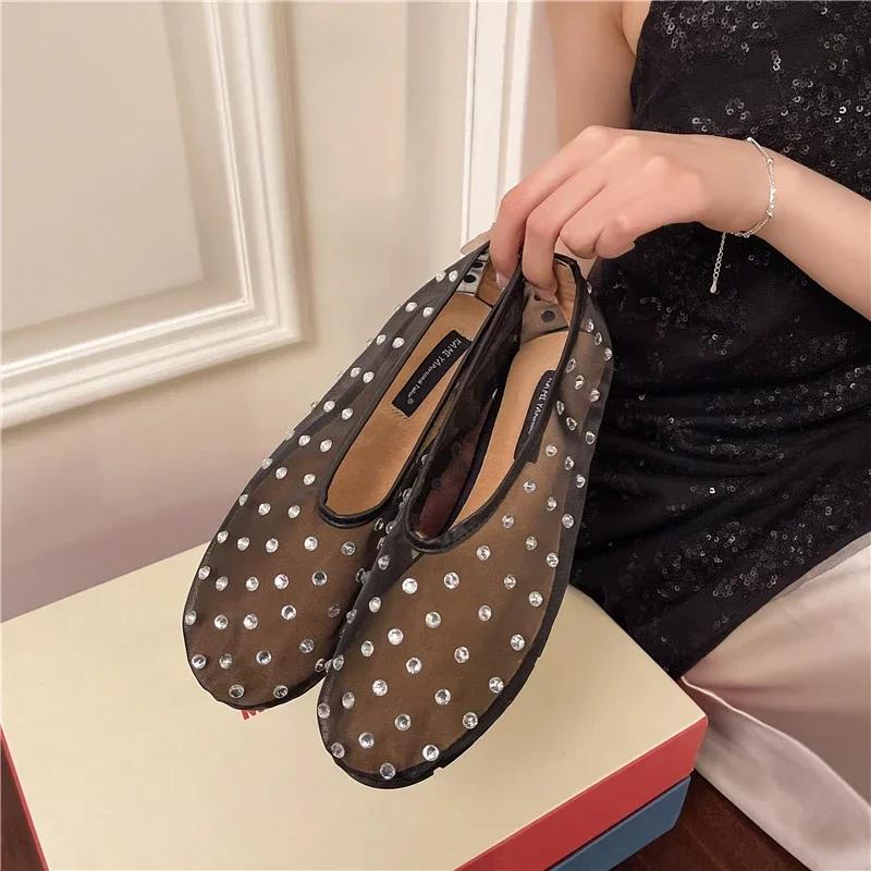 Womens Crystal Rivet Mesh Sandals Light Breathable Flat Mules Fashion Comfort Elegant Loafers Summer Shoes Daily Casual