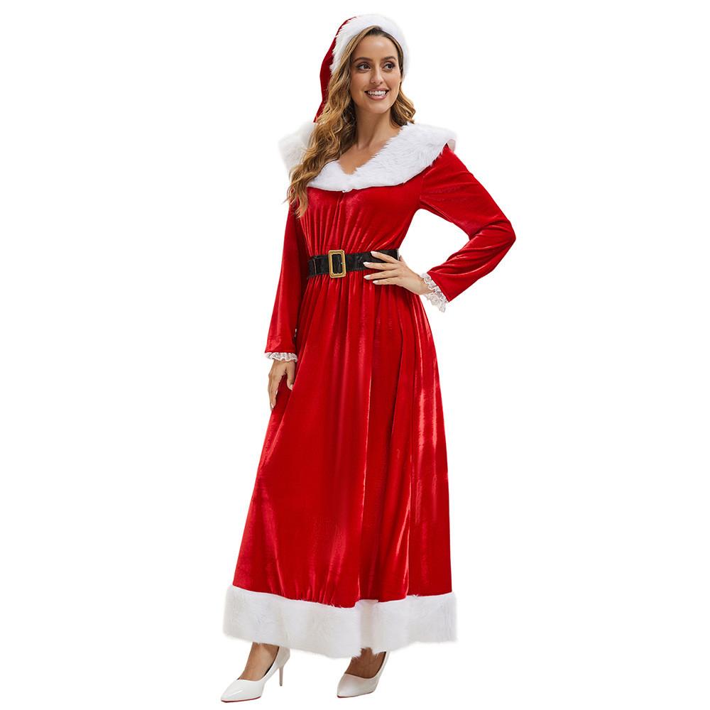 Women Elegant Velvet Long Dress With Hat And Belt For Christmas And Holiday Events