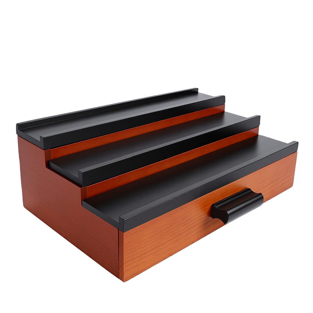 3 Tier Wooden Cologne Stand with Drawer Concealed Compartment Pure Pine Wood Cologne Display Shelf Black Walnut