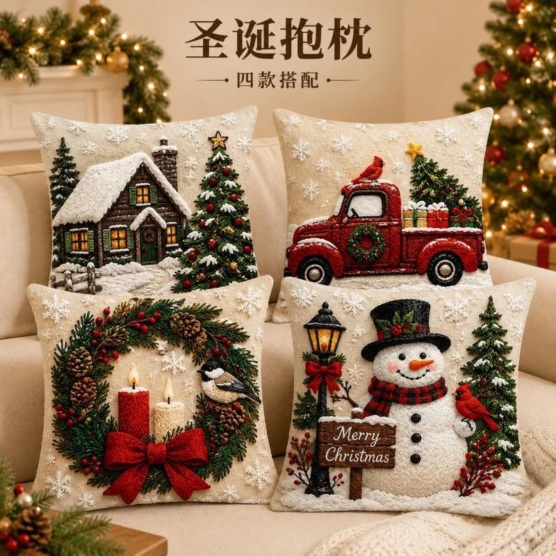 3D Christmas Snow Scene Pillow Cover With Wooden Cabin Red Truck Snowman Wreath Short Plush Square Decorative Cushion Case