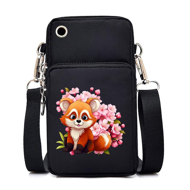 Cherry Blossoms Animal Raccoon Cartoon Printed Messenger Bag Multi-Function Mobile Phone Bag