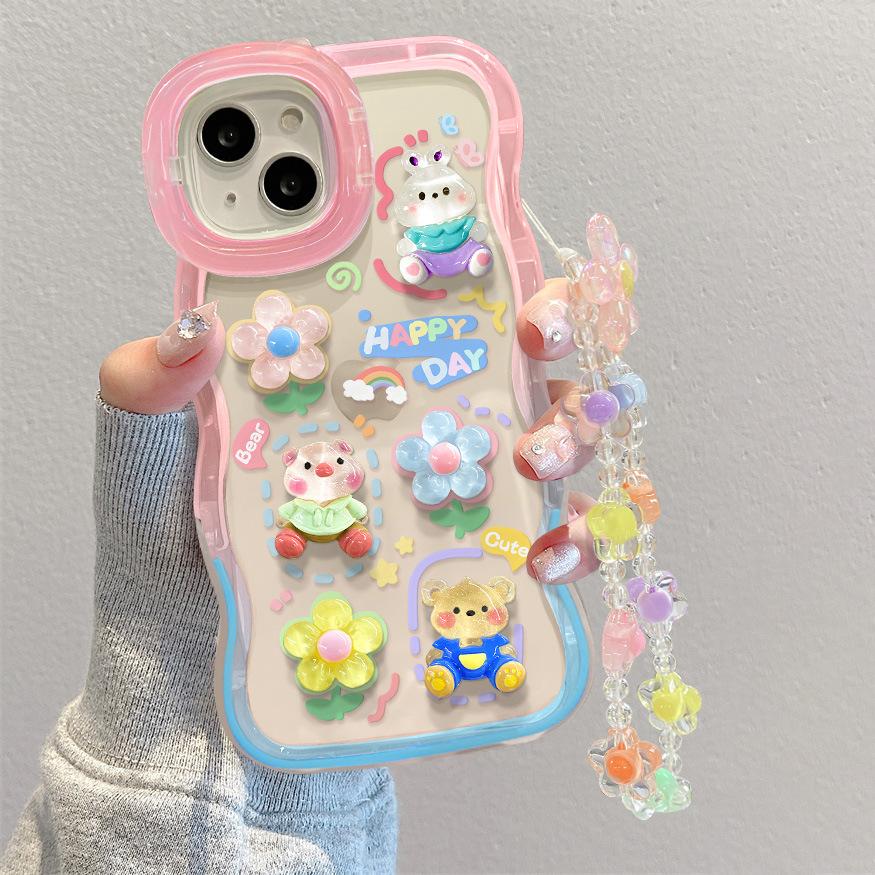 Applicable To IPhone13pro Apple 15 Mobile Phone Case 14 Bear Flower Boobs Chain 12 Invisible Double Bracket Women