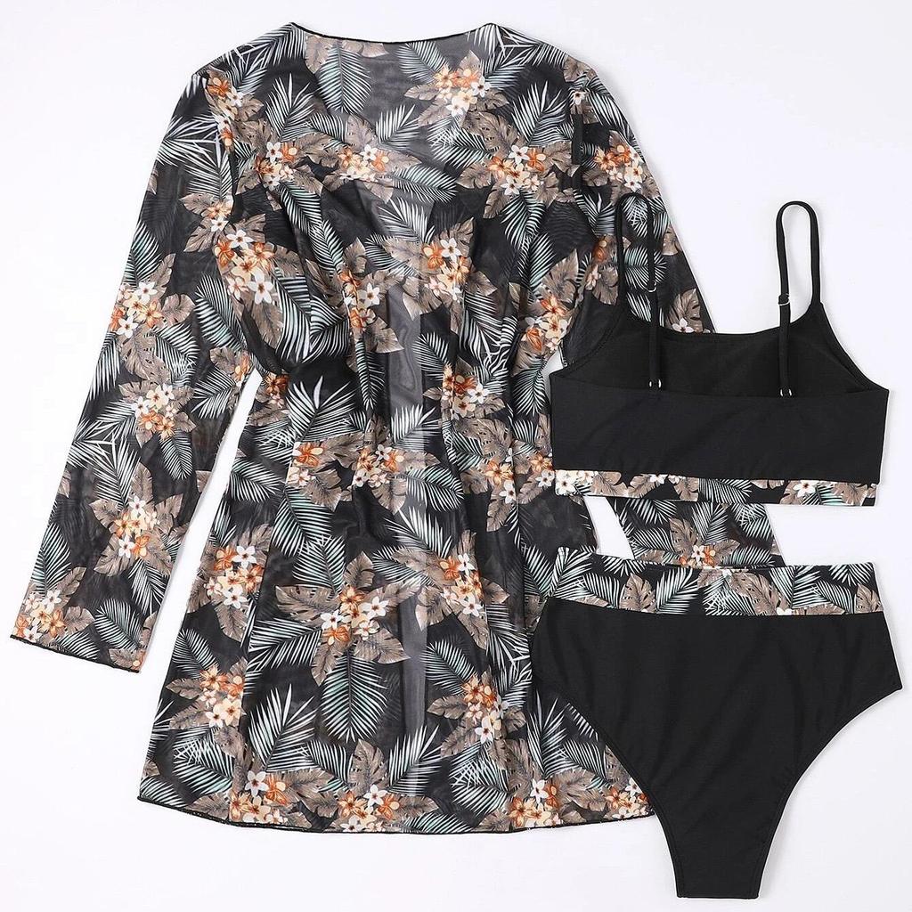 Women's Split Three Piece Set High Waist Long Sleeve Blouse Sunscreen Bikini Sets