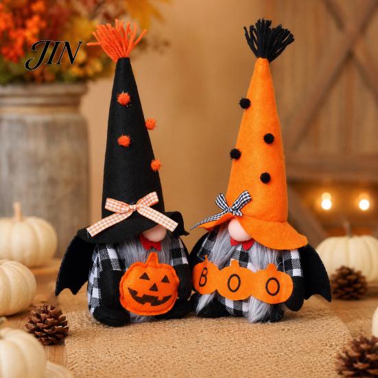 Decorative Gnome Toys Halloween Plush Decoration, Spooky Orange Black Boo Pumpkin Swedish Tomte Seasonal Table Accents Figurine, Elf Dwarf Ornaments